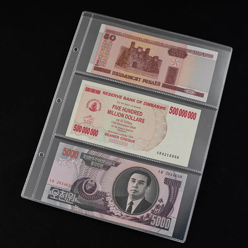 Transparent PVC loose leaf coin and stamp collection album with 252x200mm pages and storage bag