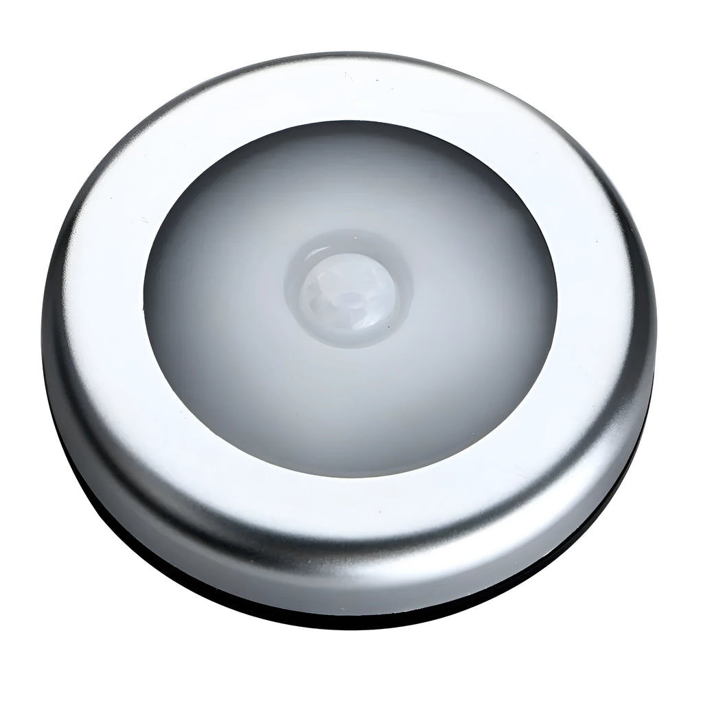 Silver wireless motion sensor night light with square PC plastic shade.
