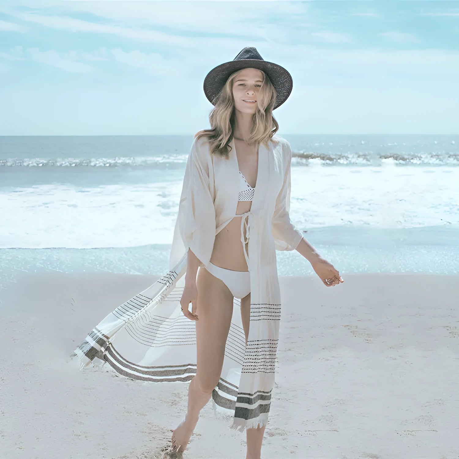 Crochet knitted white beach pareo dress long tunic cover up for women 99% cotton 135cm length 24cm sleeves