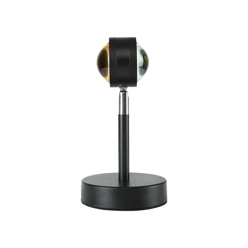 Black USB dual-head sunset rainbow projection lamp with touch control switch showing dimensions 140mm x 240mm