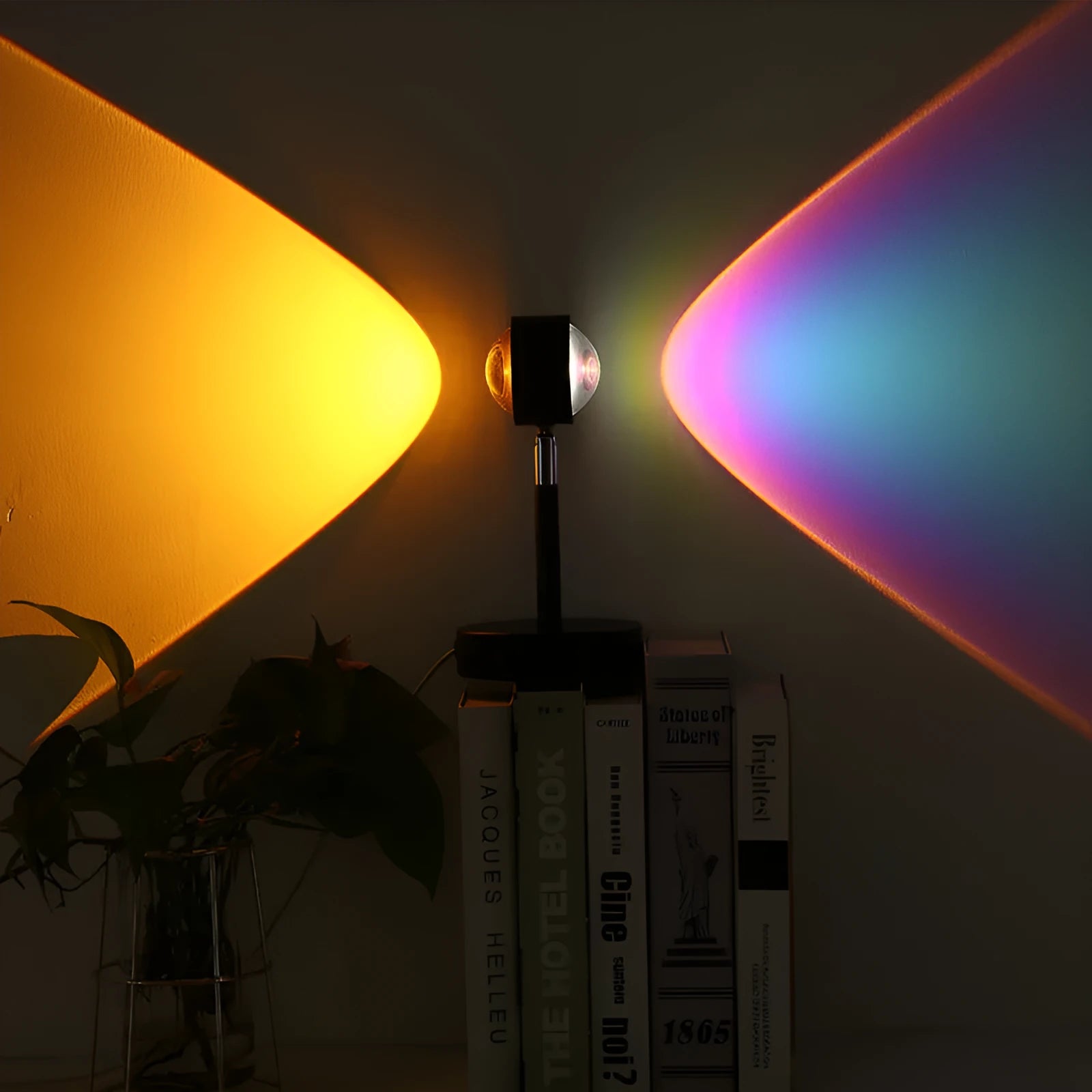 Black USB dual-head sunset rainbow projection lamp with touch control switch showing dimensions 140mm x 240mm