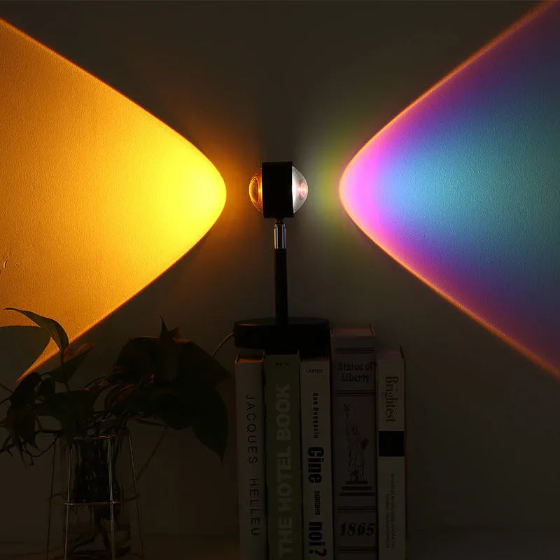 Black USB dual-head sunset rainbow projection lamp with touch control switch showing dimensions 140mm x 240mm
