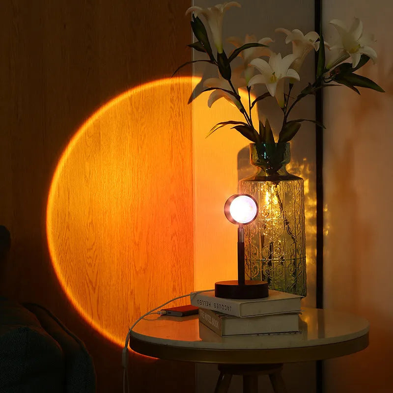 Black USB dual-head sunset rainbow projection lamp with touch control switch showing dimensions 140mm x 240mm