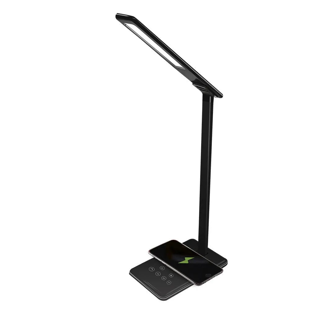 Black wireless charging desk lamp with touch switch and USB cable.