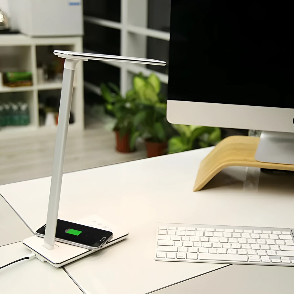 Black wireless charging desk lamp with touch switch and USB cable.