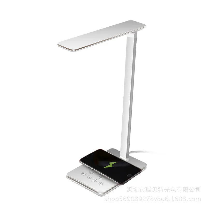 Black wireless charging desk lamp with touch switch and USB cable.