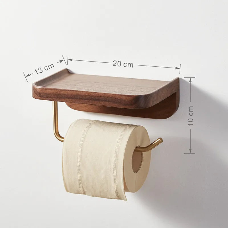 Solid walnut wood wall-mounted paper towel rack with brass fittings measuring 20cm wide