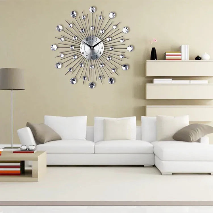 33cm round silver wall clock with metal frame and aluminium dial showing pointer and number display