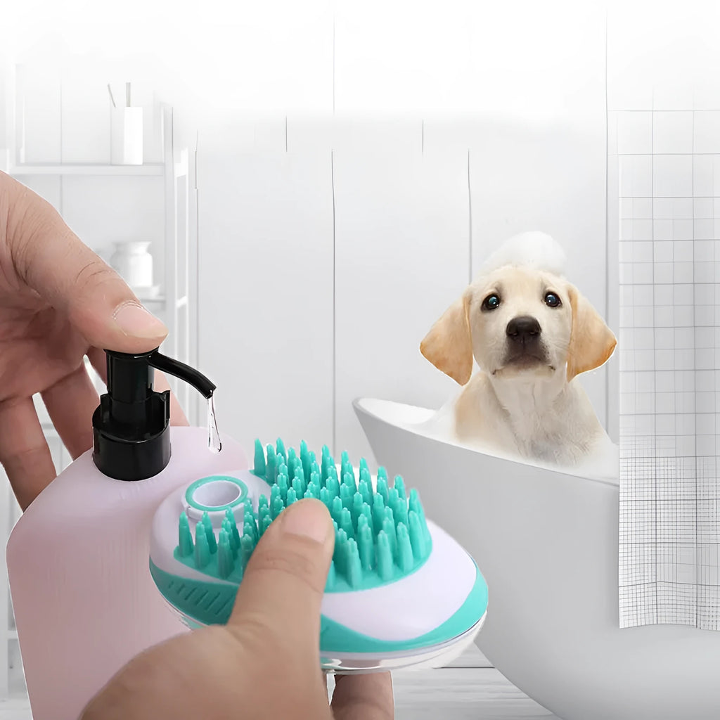 2-in-1 pet bath massage brush with ergonomic handle, silicone bristles in blue, for small to medium dogs and cats