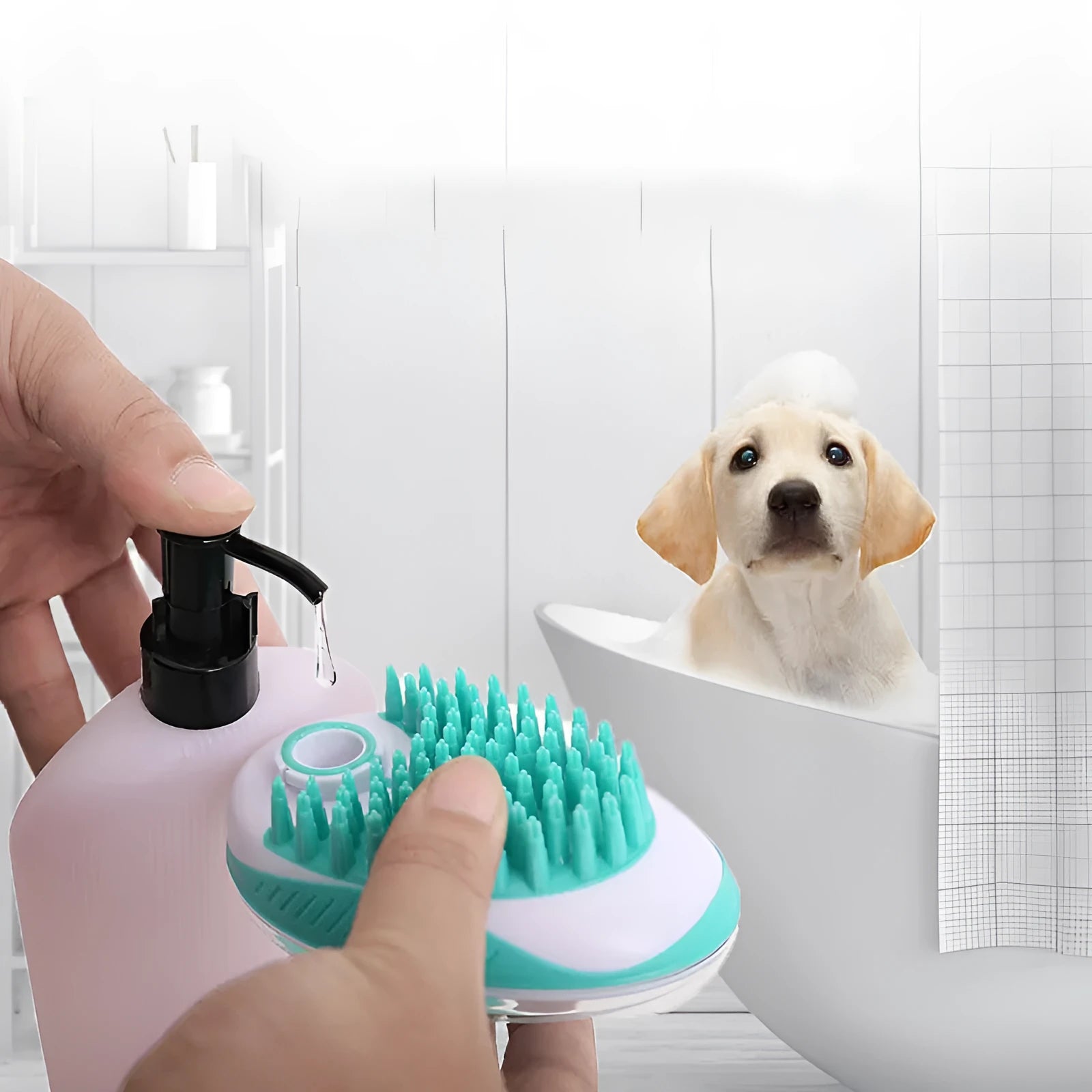 2-in-1 pet bath massage brush with ergonomic handle, silicone bristles in blue, for small to medium dogs and cats