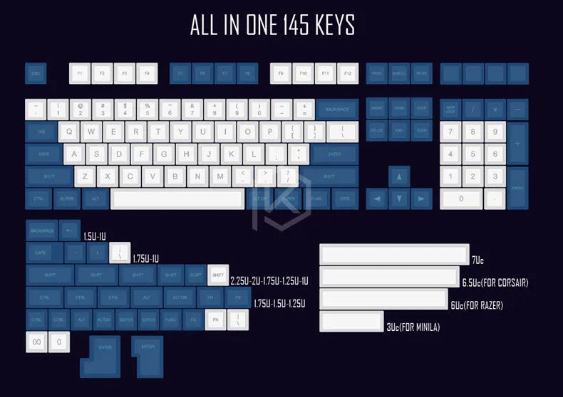 Blue and white laser engraving keycap set for non-mechanical keyboards, multiple layout options