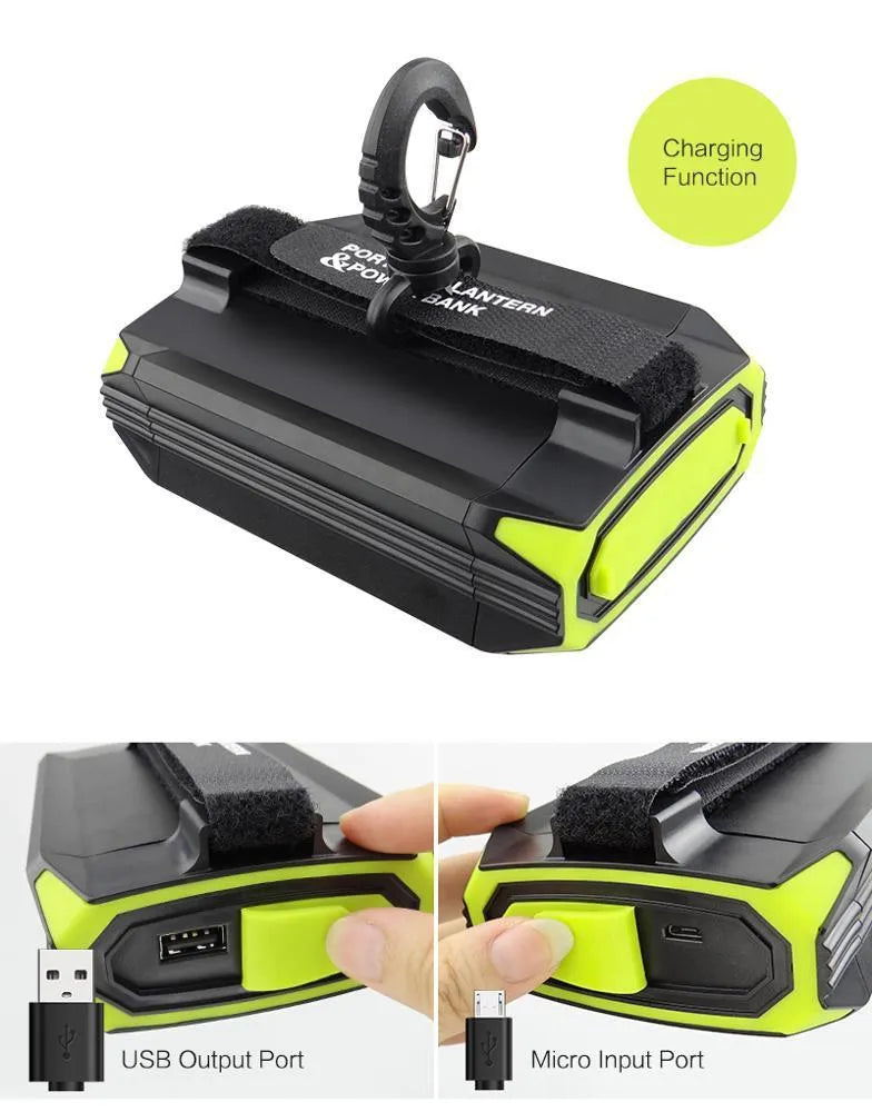 Green rechargeable camping light with dimmable LED and USB power bank function