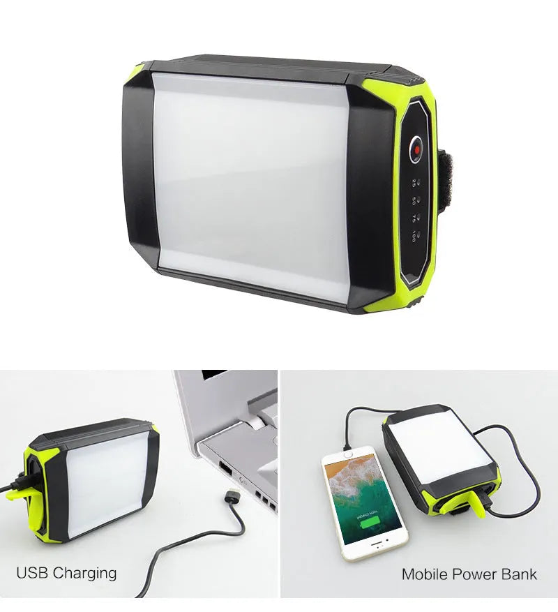 Green rechargeable camping light with dimmable LED and USB power bank function