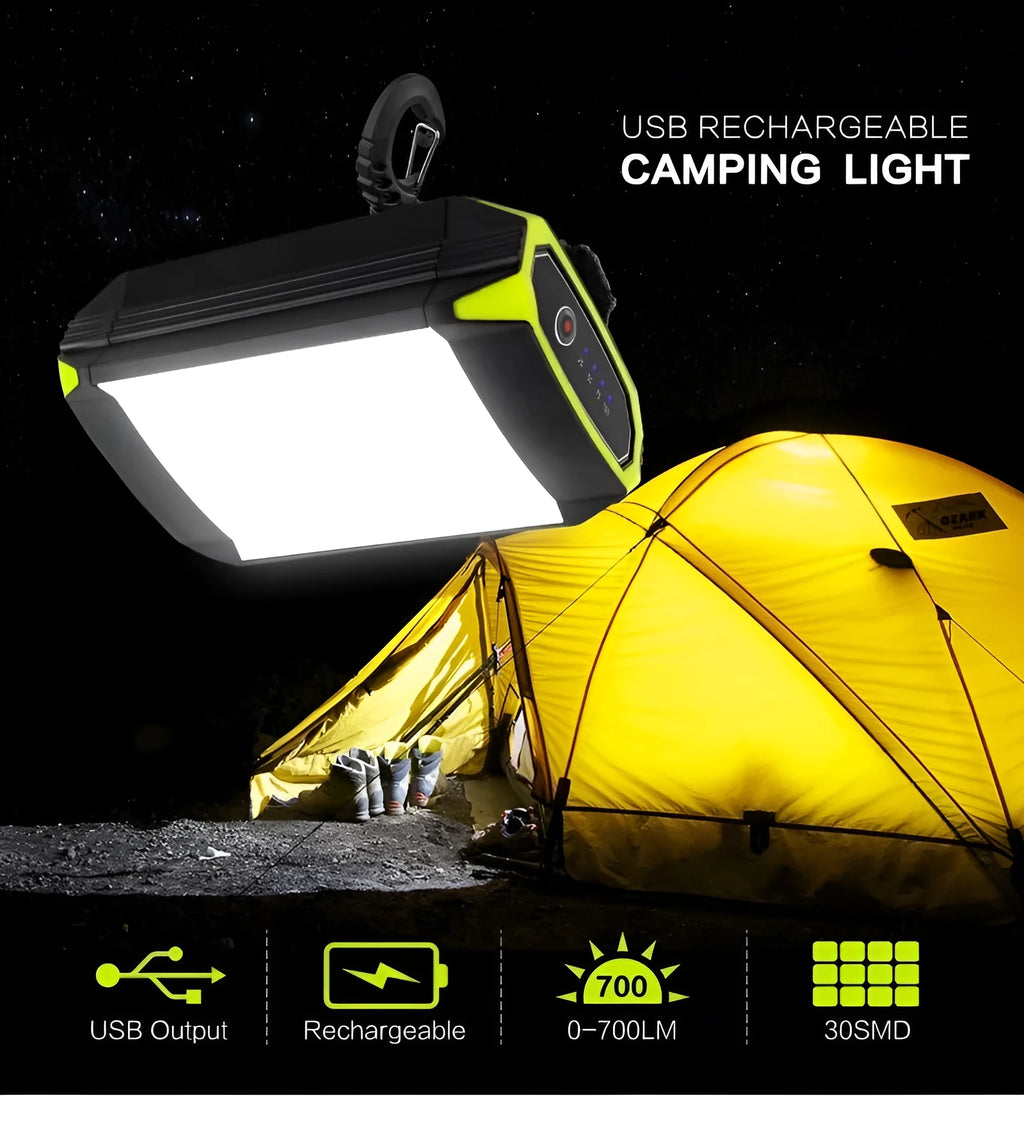 Green rechargeable camping light with dimmable LED and USB power bank function