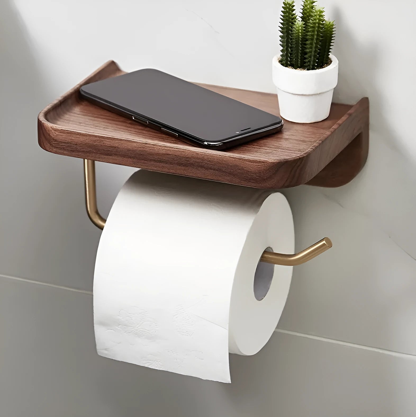 Solid walnut wood wall-mounted paper towel rack with brass fittings measuring 20cm wide