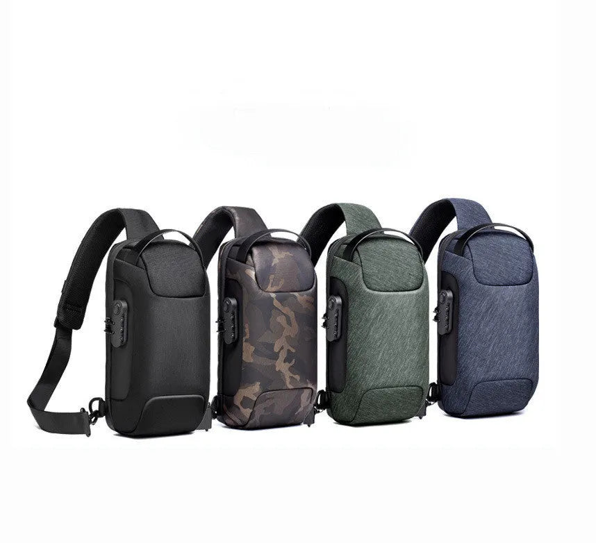 Men's canvas chest shoulder bag in medium square vertical shape with zipper opening