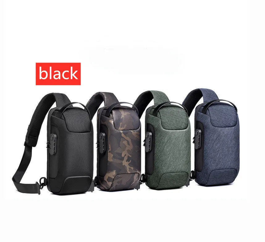 Men's canvas chest shoulder bag in medium square vertical shape with zipper opening