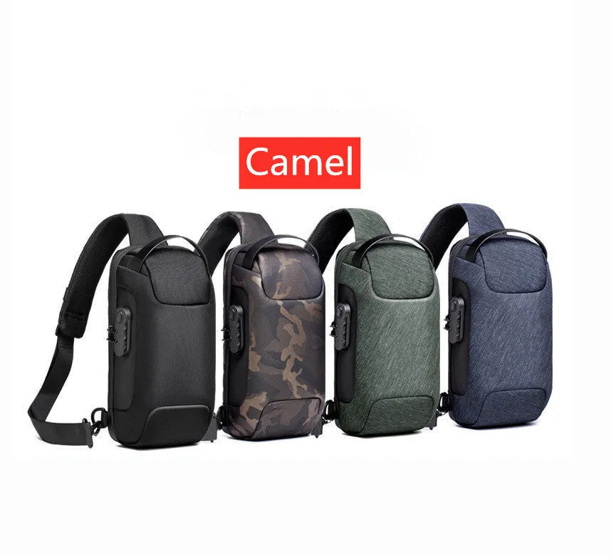 Men's canvas chest shoulder bag in medium square vertical shape with zipper opening