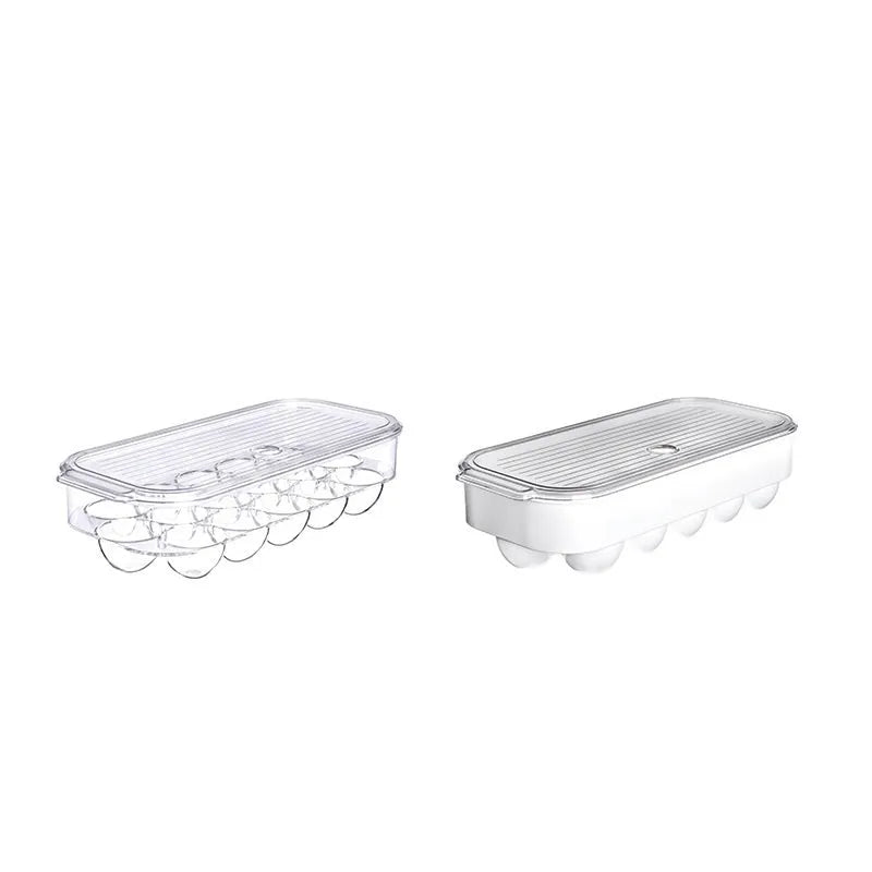 Transparent PET egg storage box for refrigerator, 31.4 cm length, with white background