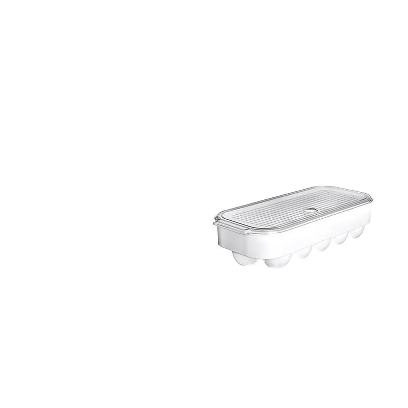 Transparent PET egg storage box for refrigerator, 31.4 cm length, with white background