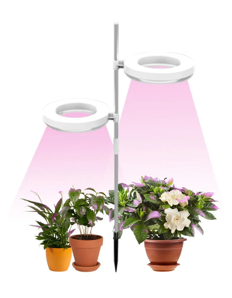 A white clamp-on plant growth lamp with an adjustable head, positioned next to small indoor potted plants on a desk.