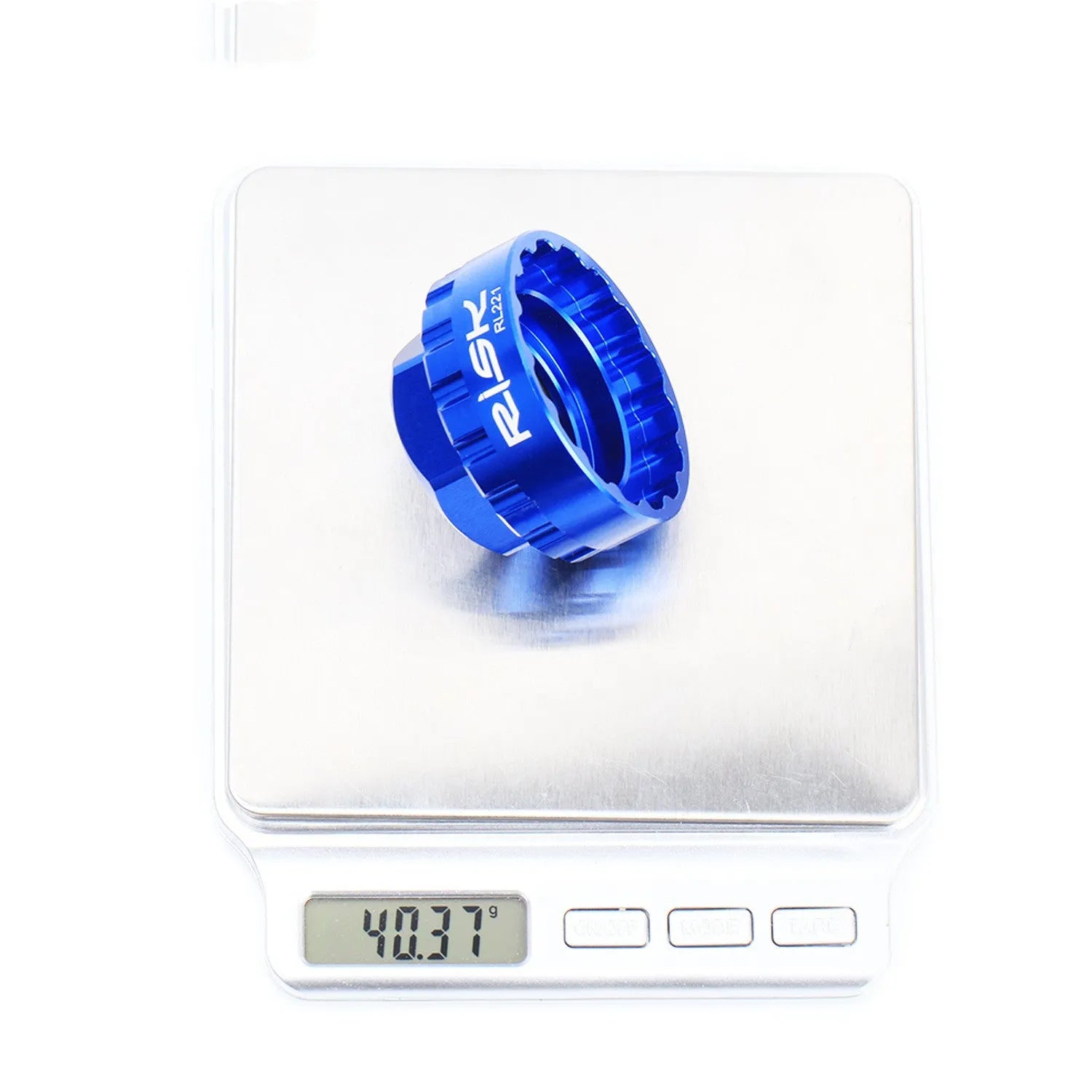 Blue aluminium alloy 12-speed direct mount disc removal tool for SRAM bicycle drivetrains.