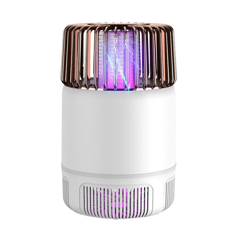 Electric mosquito killer lamp with USB power, purple light, and fan in black colour on a wooden table
