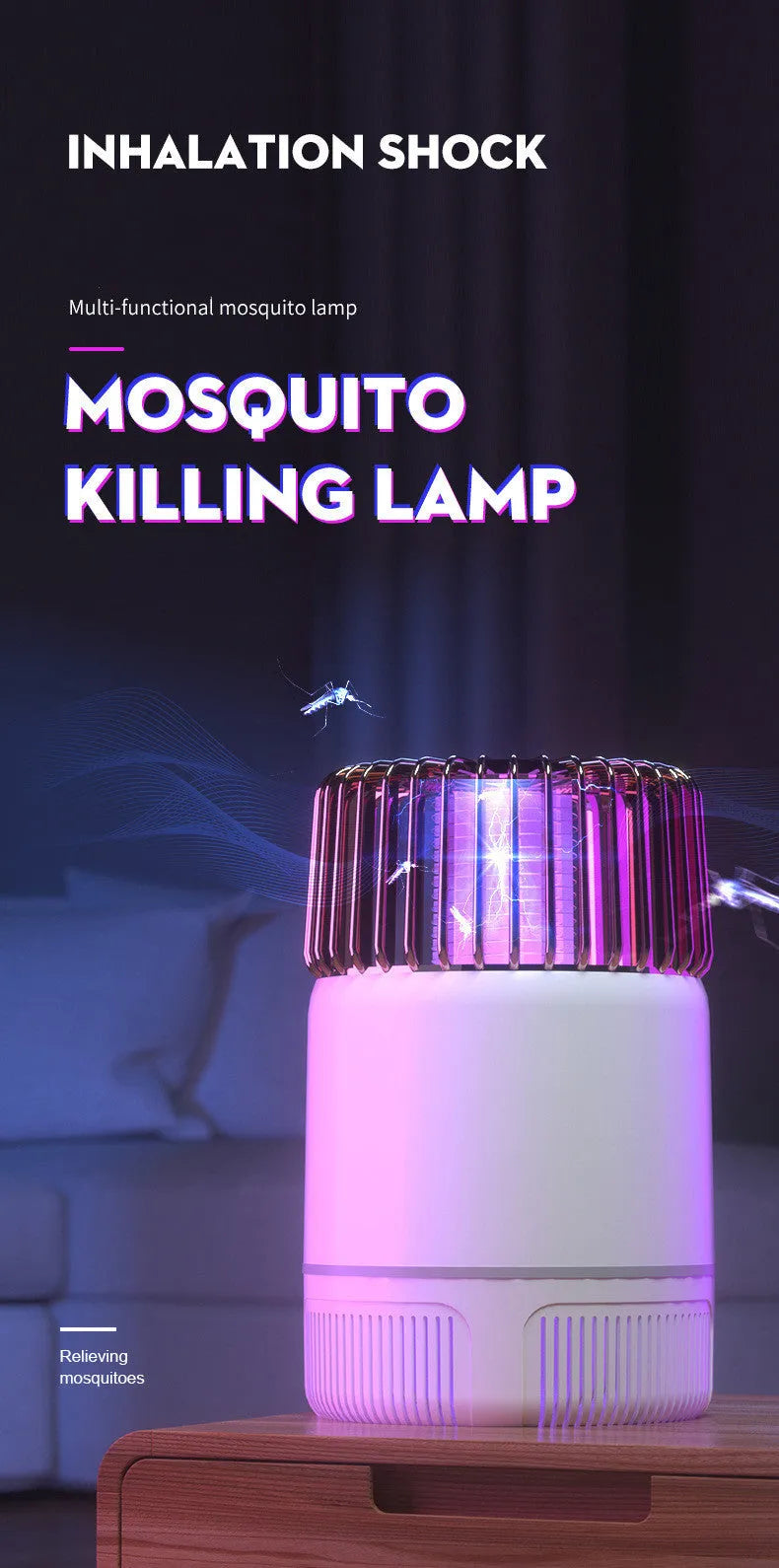 Electric mosquito killer lamp with USB power, purple light, and fan in black colour on a wooden table