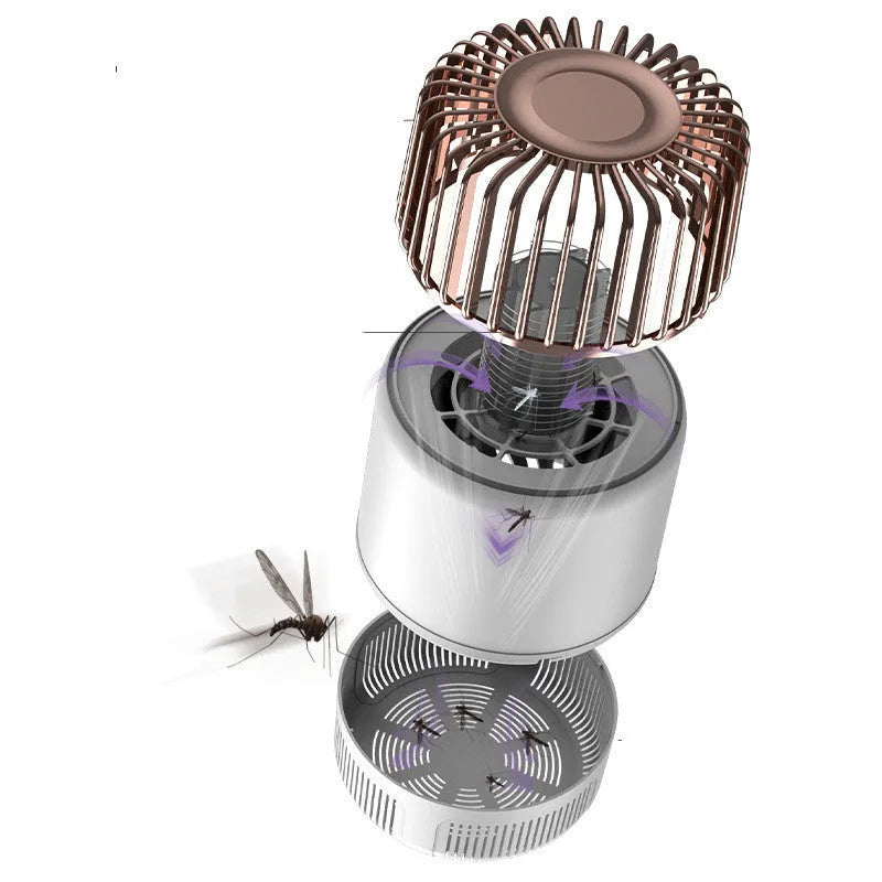 Electric mosquito killer lamp with USB power, purple light, and fan in black colour on a wooden table