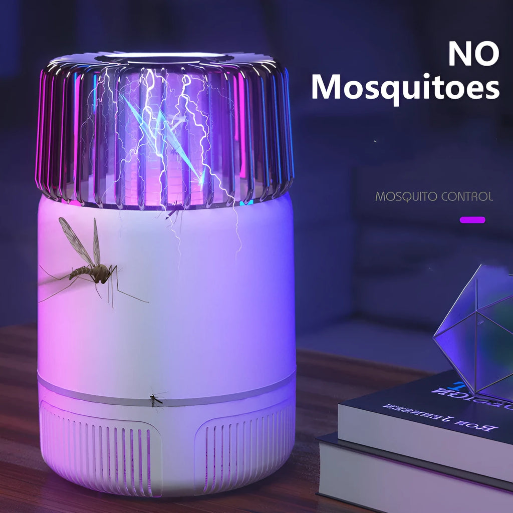 Electric mosquito killer lamp with USB power, purple light, and fan in black colour on a wooden table