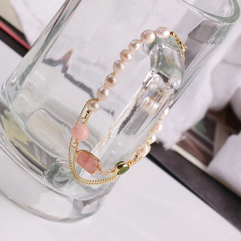 Women's UG309 pink freshwater pearl bracelet with strawberry crystal charms and geometric silver-plated beads