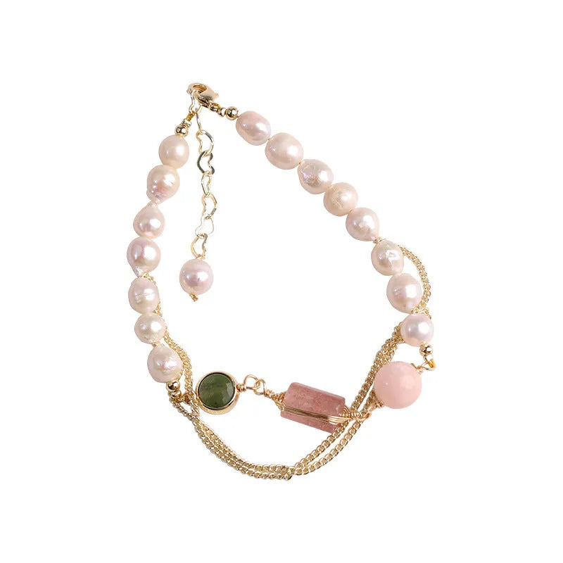 Women's UG309 pink freshwater pearl bracelet with strawberry crystal charms and geometric silver-plated beads