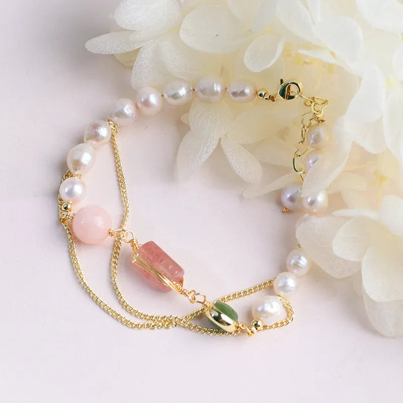 Women's UG309 pink freshwater pearl bracelet with strawberry crystal charms and geometric silver-plated beads