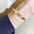 Women's UG309 pink freshwater pearl bracelet with strawberry crystal charms and geometric silver-plated beads