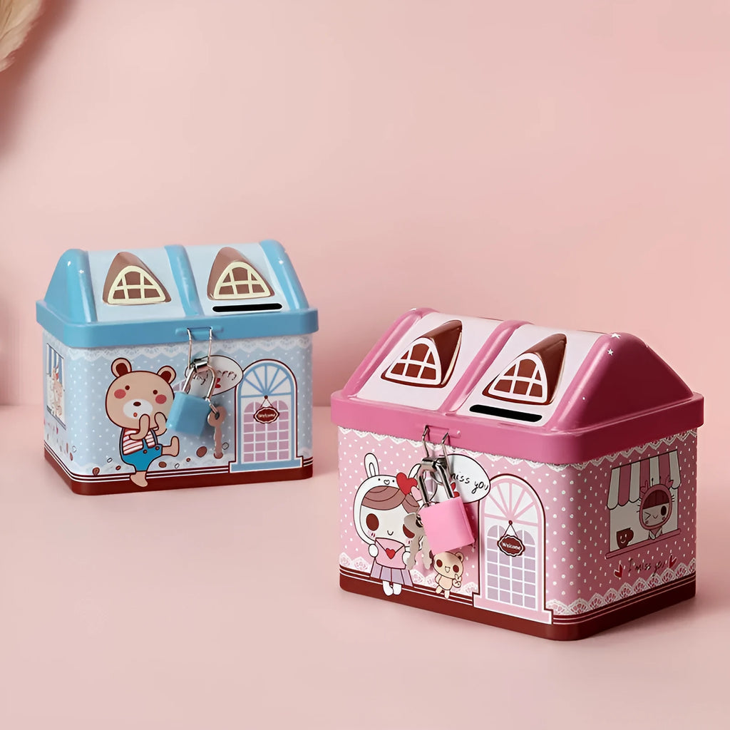 Blue house-shaped tinplate piggy bank for coin saving on desktop