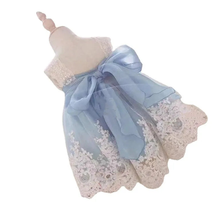 Ocean blue lace princess dress for baby girl on hanger showing lace detail