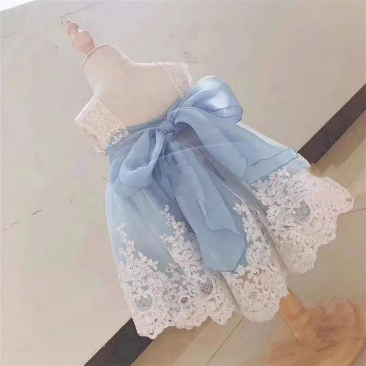 Ocean blue lace princess dress for baby girl on hanger showing lace detail