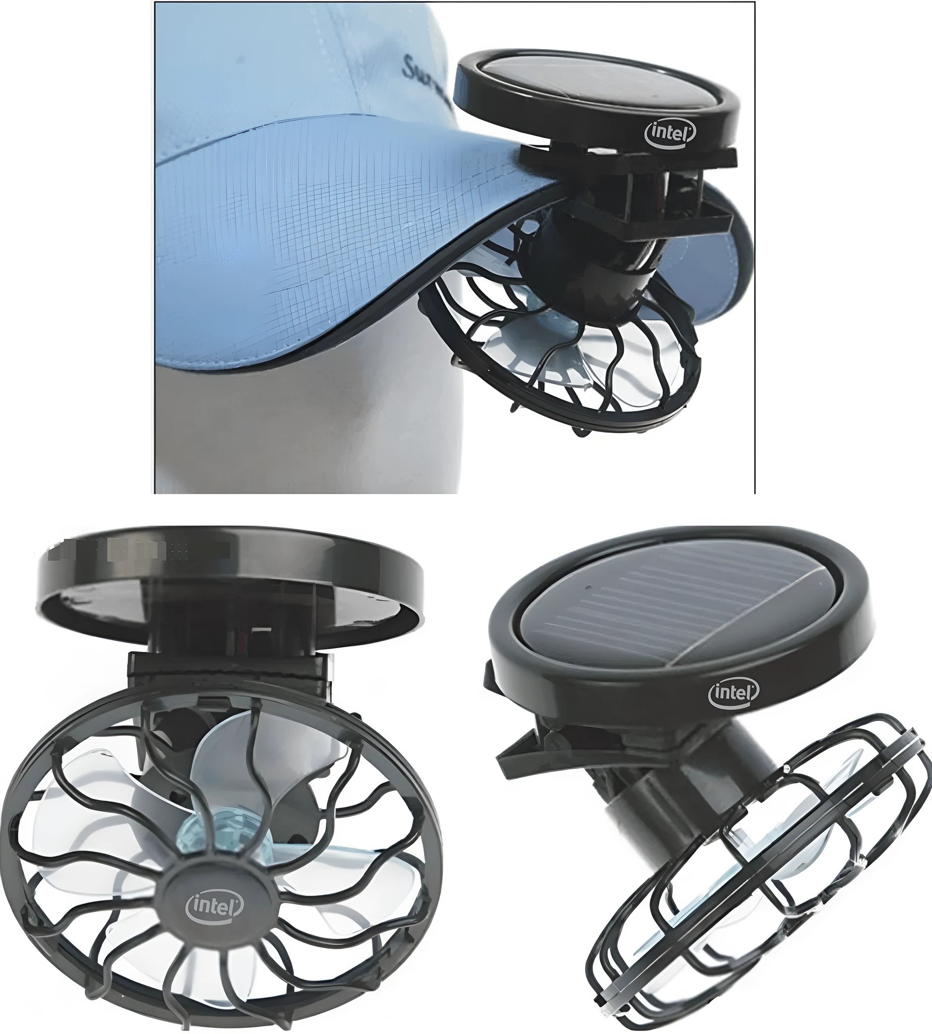 Black portable solar fan panel with clip, for outdoor cooling during camping and fishing.