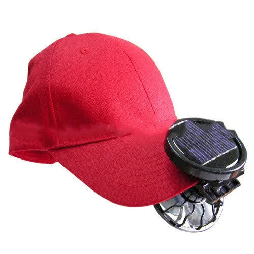 Black portable solar fan panel with clip, for outdoor cooling during camping and fishing.