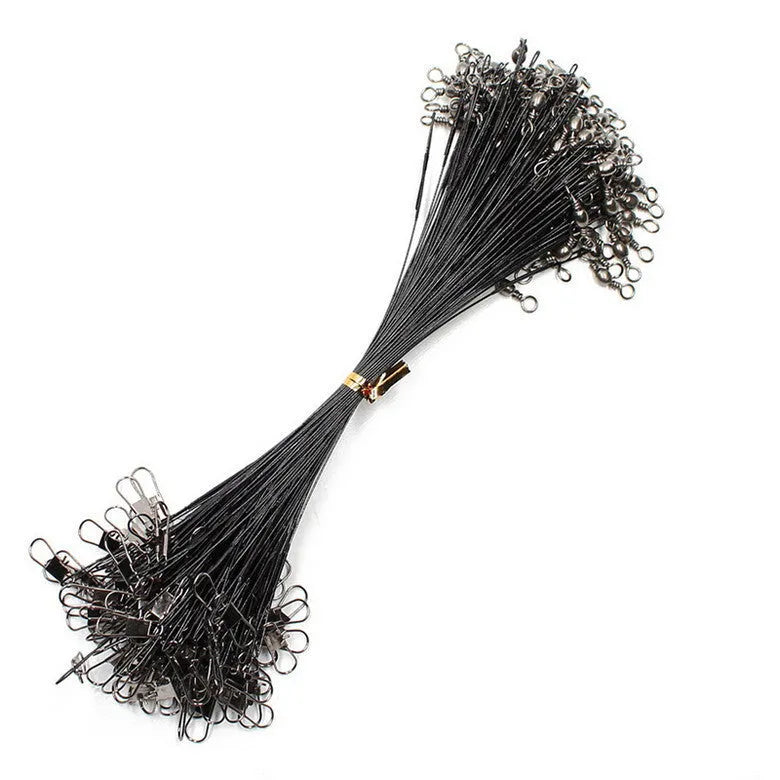 20 pieces of anti-bite steel fishing wire leader with swivel in 15cm to 30cm lengths, black and green options