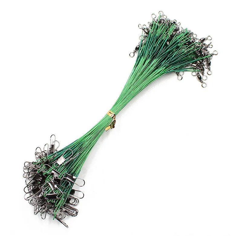 20 pieces of anti-bite steel fishing wire leader with swivel in 15cm to 30cm lengths, black and green options