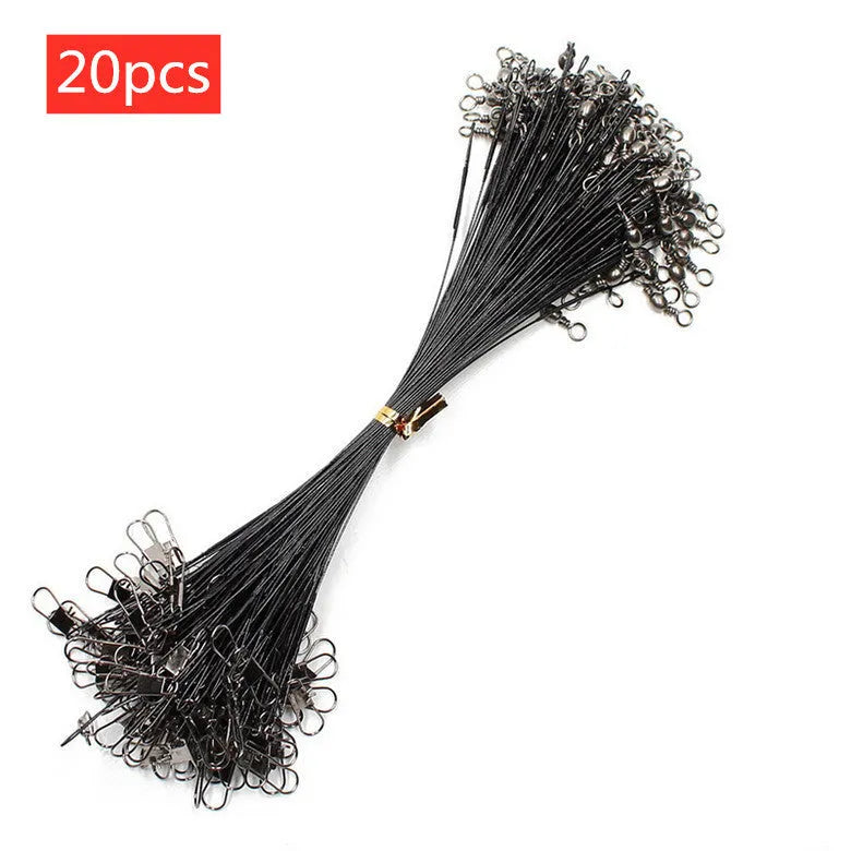 20 pieces of anti-bite steel fishing wire leader with swivel in 15cm to 30cm lengths, black and green options