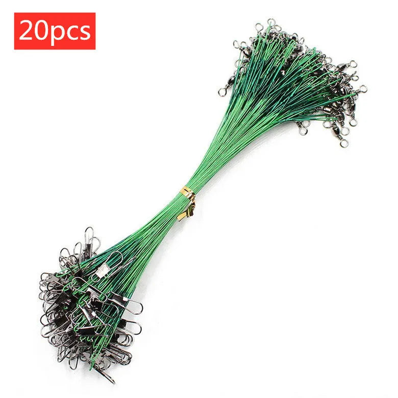 20 pieces of anti-bite steel fishing wire leader with swivel in 15cm to 30cm lengths, black and green options