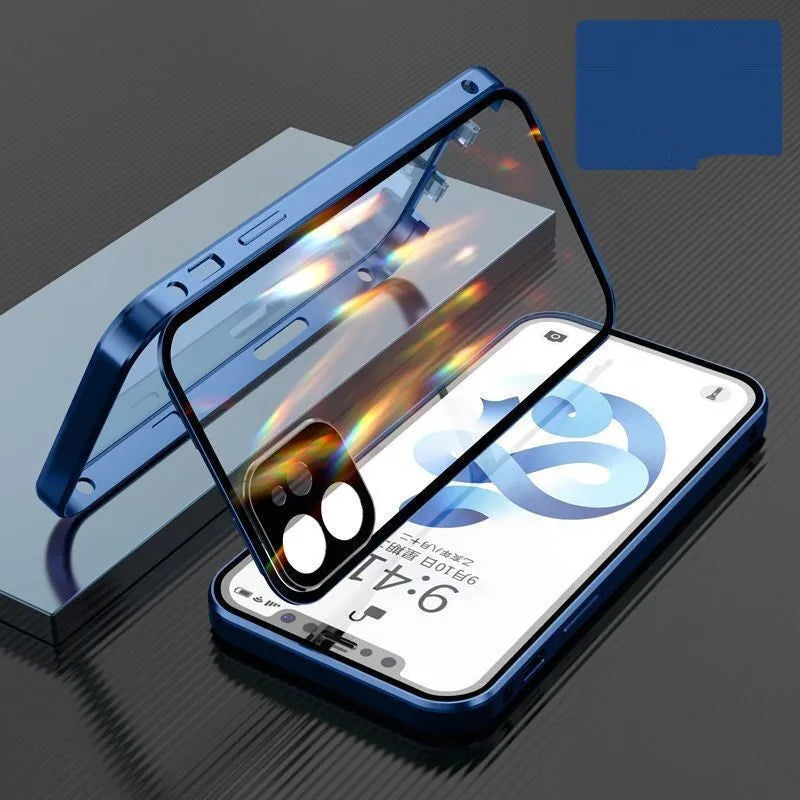 Magnetic metal frame iPhone bumper case with tempered glass protection in black colour