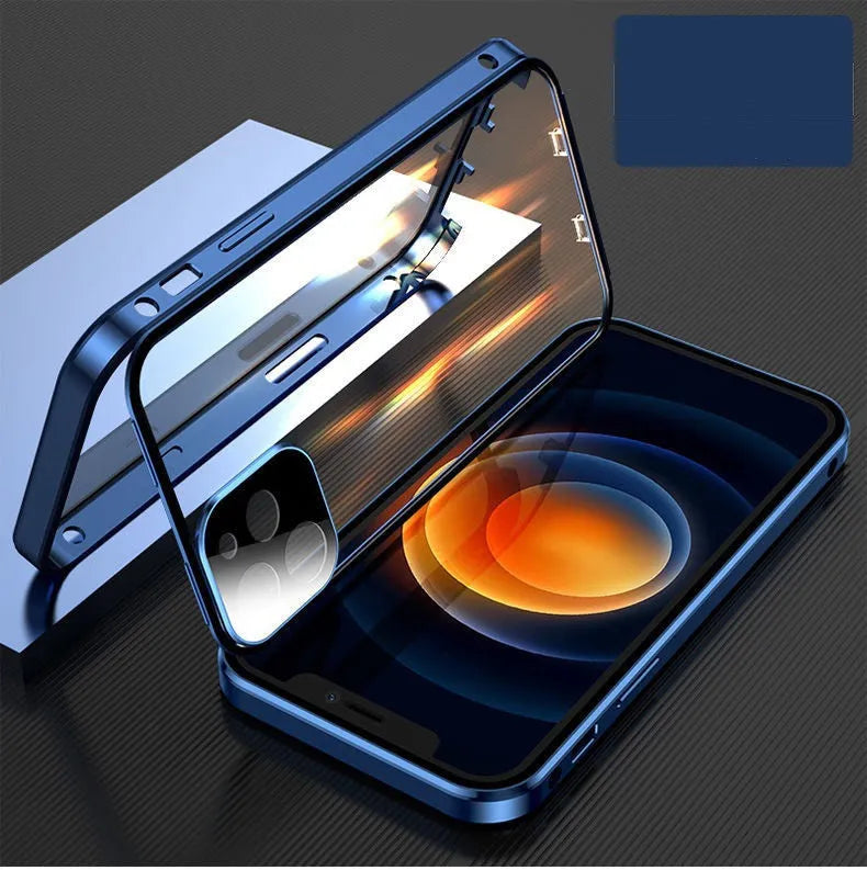 Magnetic metal frame iPhone bumper case with tempered glass protection in black colour