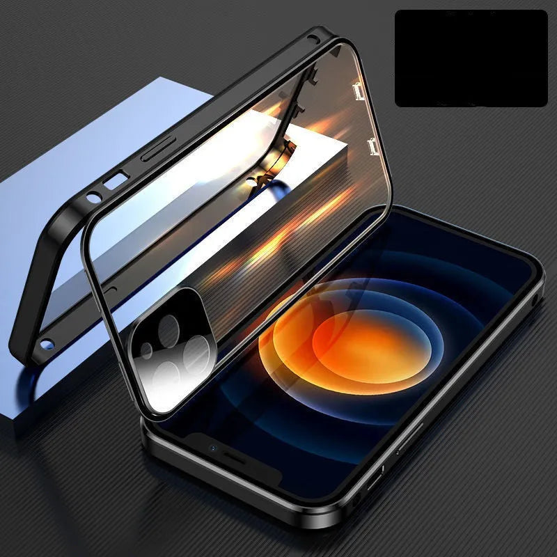 Black aluminium and glass hybrid bumper phone case for Apple iPhone, showing front and back protection.