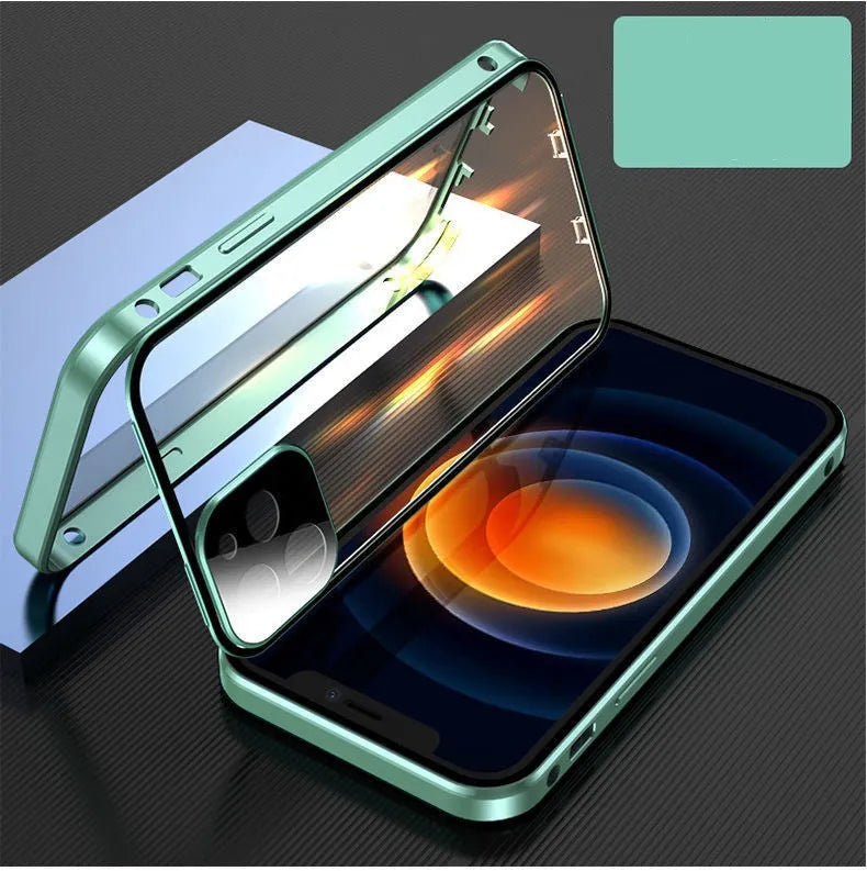 Magnetic metal frame iPhone bumper case with tempered glass protection in black colour