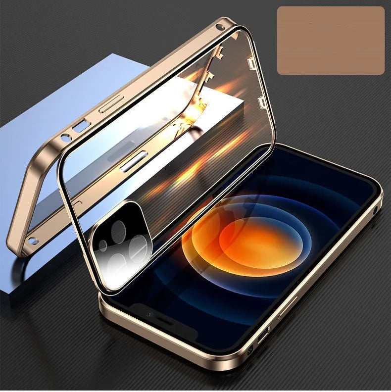 Magnetic metal frame iPhone bumper case with tempered glass protection in black colour