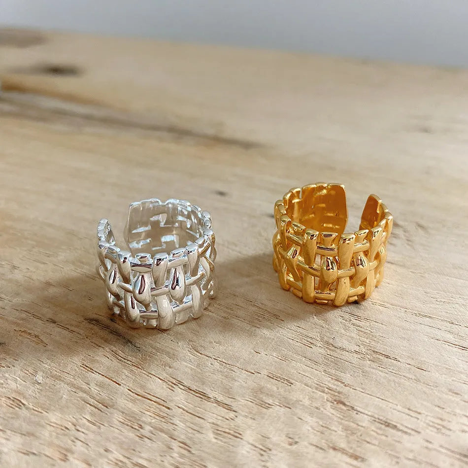 Woven ring for women, hollow cross design, wide band, gold and silver colours