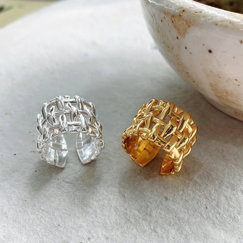 Woven ring for women, hollow cross design, wide band, gold and silver colours